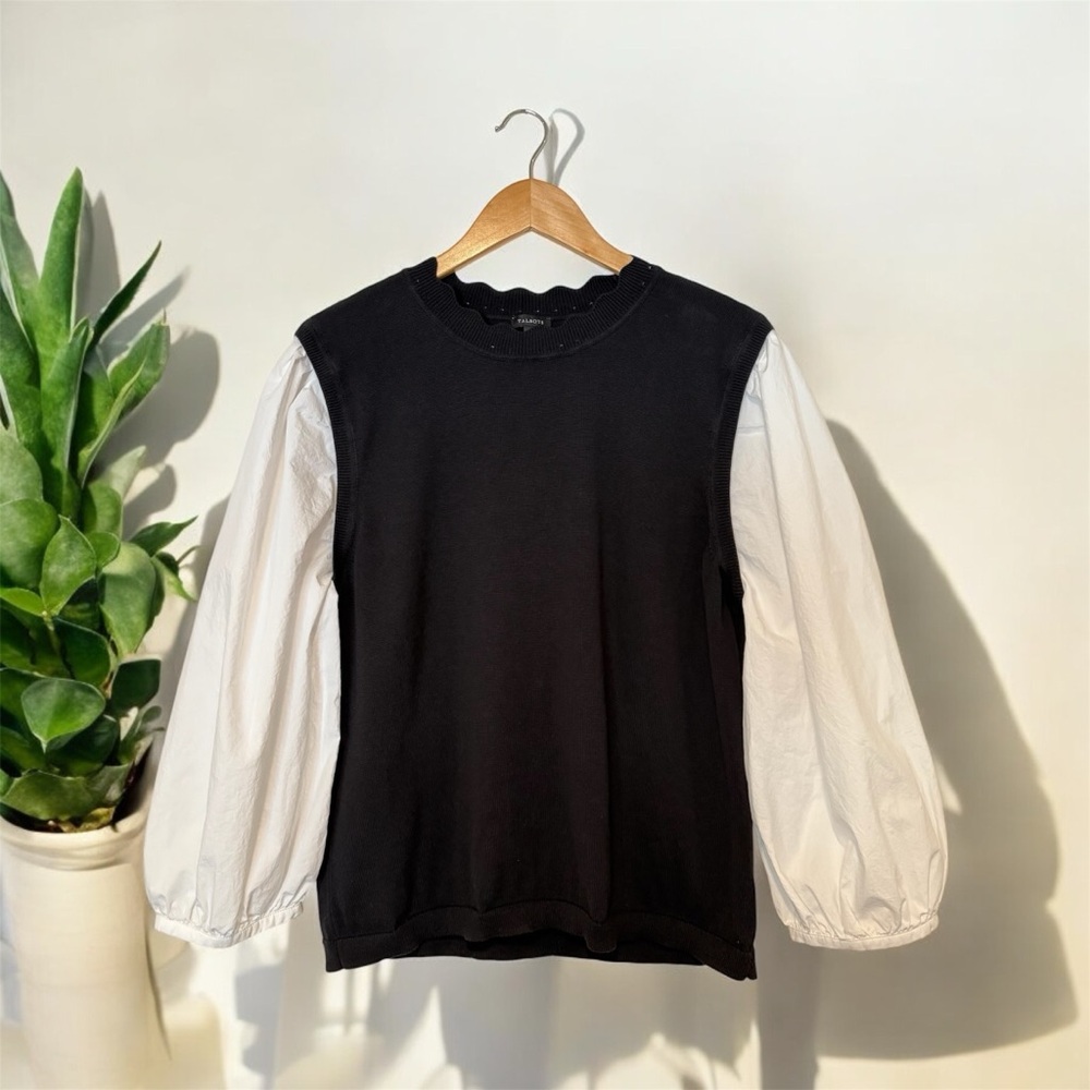 TALBOTS Slip Over Sweater Vest Blouse Mix Black White Balloons Sleeves Size XL